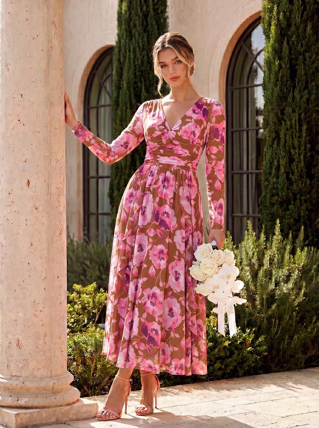 image:imageGRACE KARIN Womens Long Sleeve Floral Maxi Dress V Neck Formal Wedding Guest Dress Fall A Line Mesh DressBrown Pink