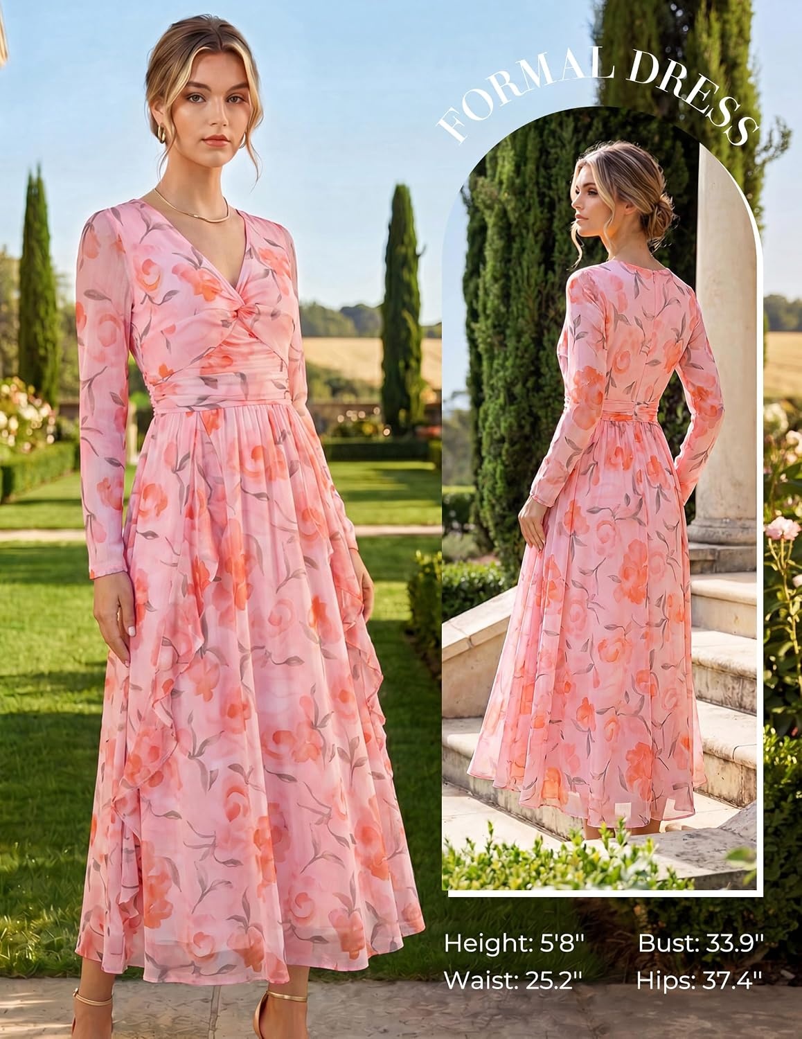 image:imageGRACE KARIN Womens Long Sleeve Floral Maxi Dress V Neck Formal Wedding Guest Dress Fall A Line Mesh DressOrange Floral