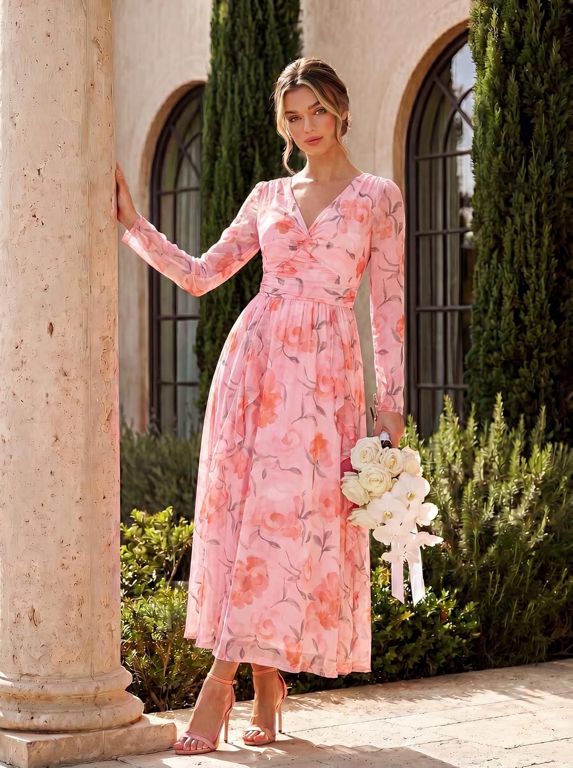 image:imageGRACE KARIN Womens Long Sleeve Floral Maxi Dress V Neck Formal Wedding Guest Dress Fall A Line Mesh DressOrange Floral