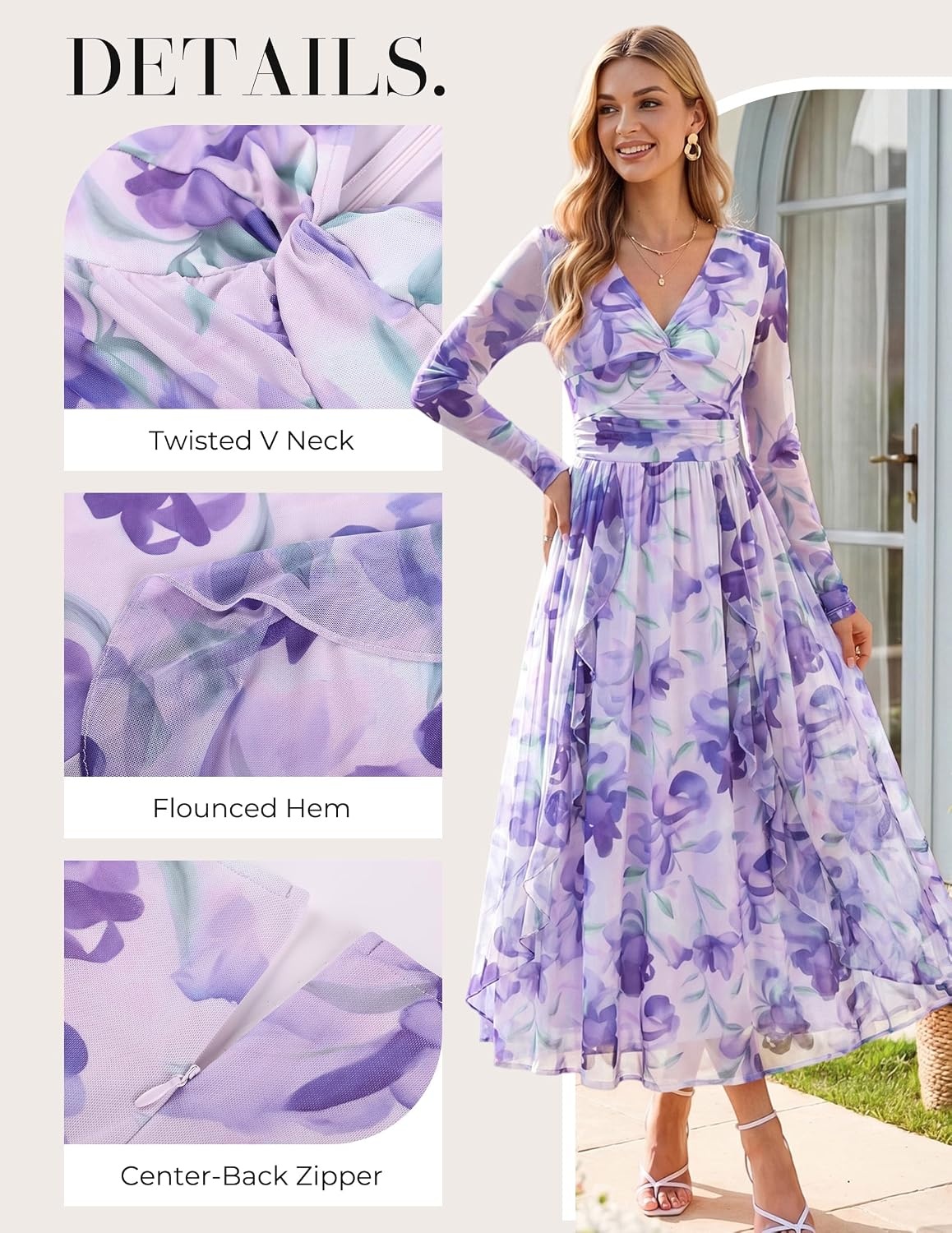 image:imageGRACE KARIN Womens Long Sleeve Floral Maxi Dress V Neck Formal Wedding Guest Dress Fall A Line Mesh DressPurple Floral