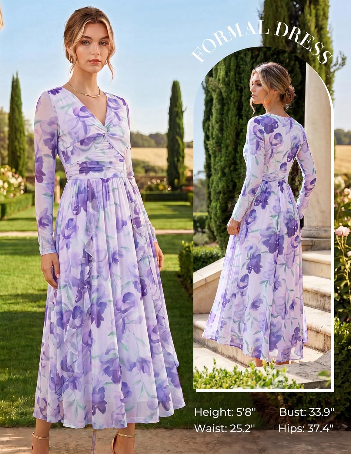 image:imageGRACE KARIN Womens Long Sleeve Floral Maxi Dress V Neck Formal Wedding Guest Dress Fall A Line Mesh DressPurple Floral