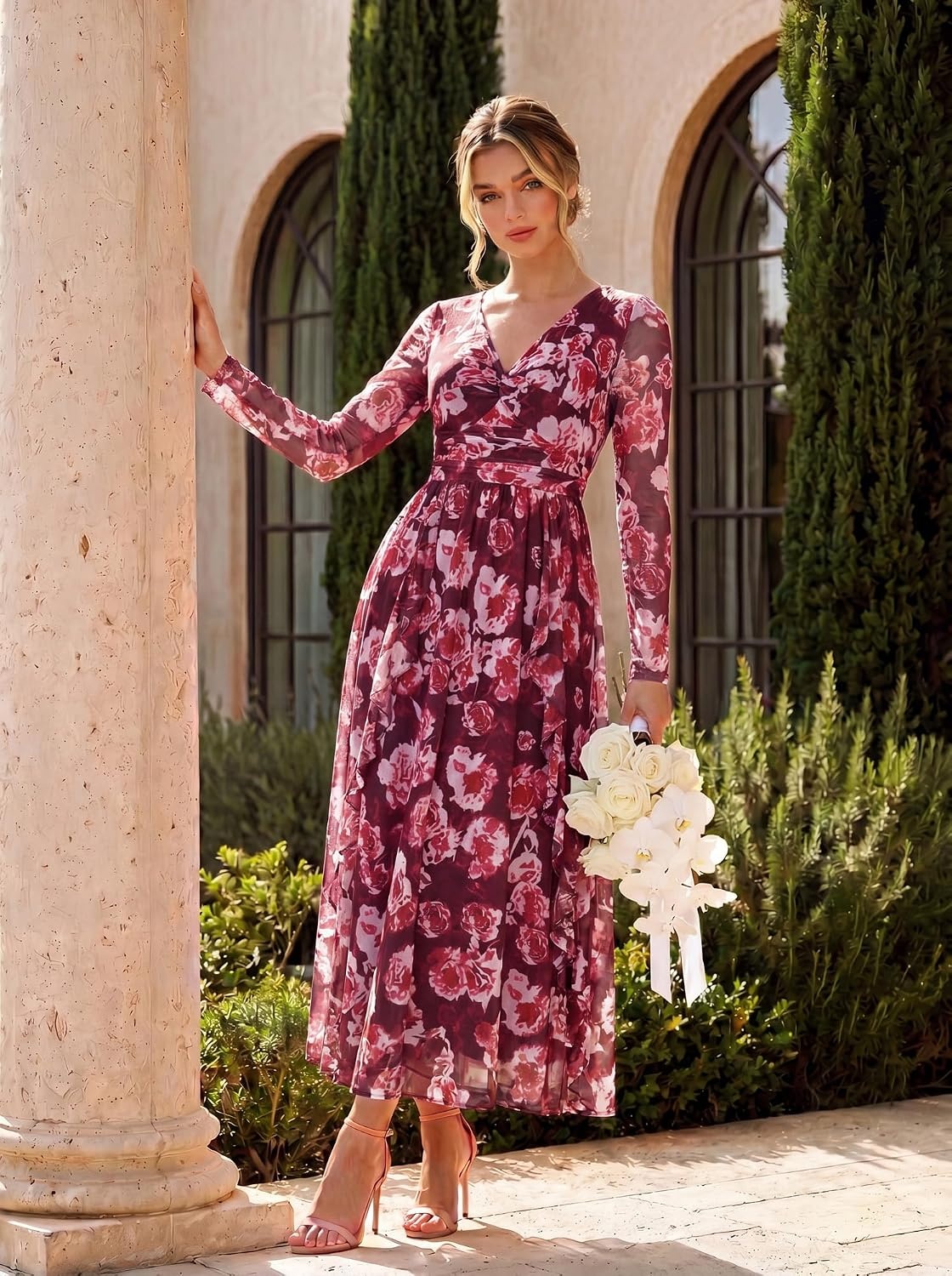 image:imageGRACE KARIN Womens Long Sleeve Floral Maxi Dress V Neck Formal Wedding Guest Dress Fall A Line Mesh DressWine Red