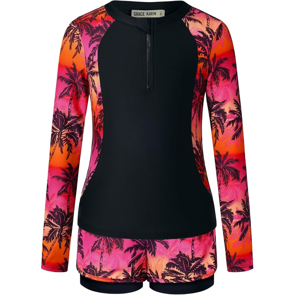 image:imageGRACE KARIN Girls Rash Guard Swimsuit UPF 50 Two Piece Swimwear Size 612Y Long Sleeve Summer Bathing SuitBlack Coconut Tree