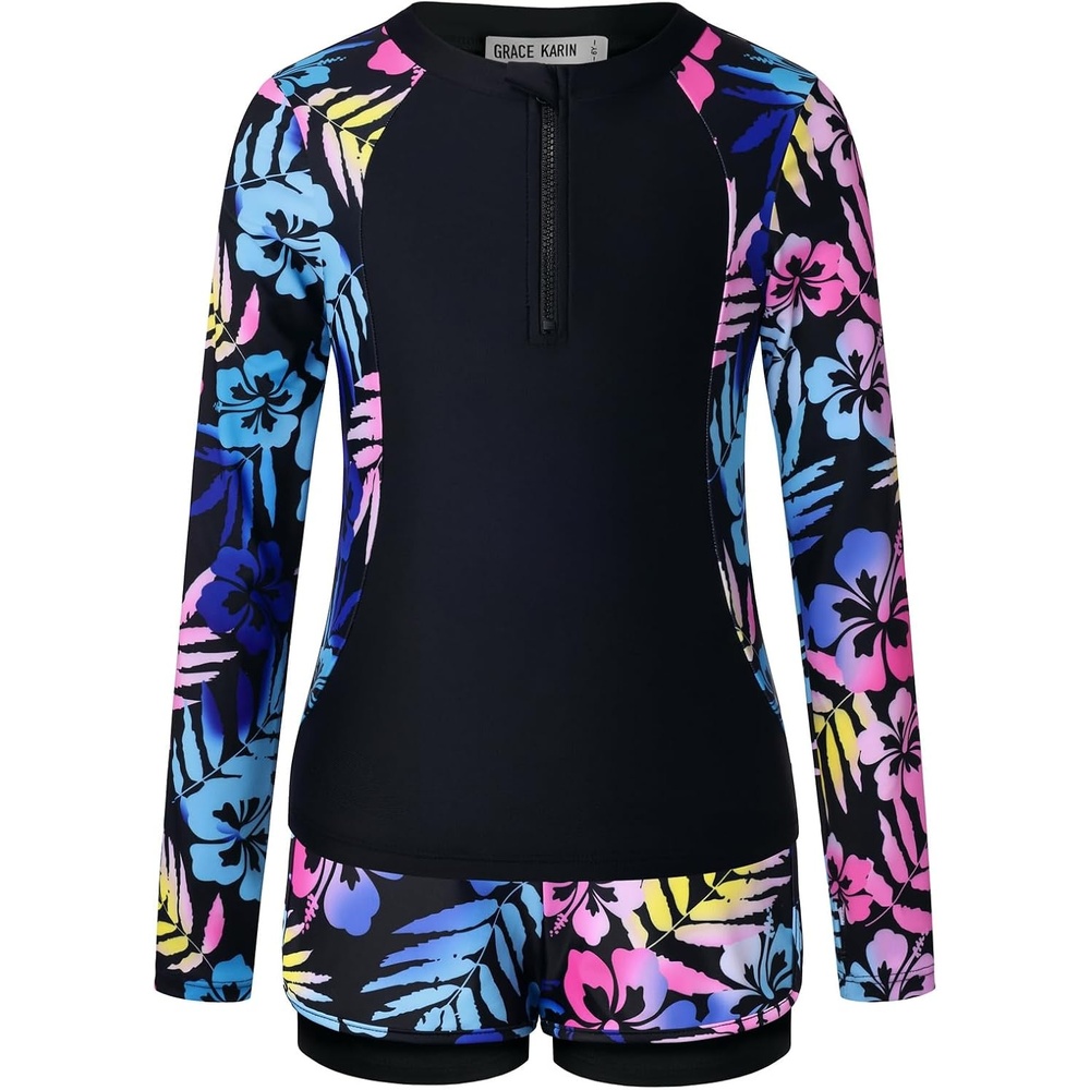image:imageGRACE KARIN Girls Rash Guard Swimsuit UPF 50 Two Piece Swimwear Size 612Y Long Sleeve Summer Bathing SuitBlack Floral