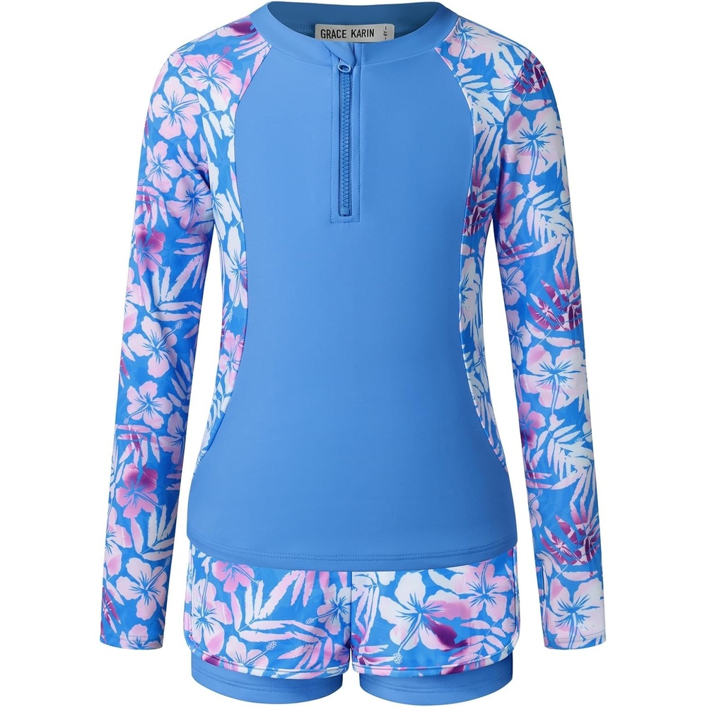 image:imageGRACE KARIN Girls Rash Guard Swimsuit UPF 50 Two Piece Swimwear Size 612Y Long Sleeve Summer Bathing SuitBlue Floral