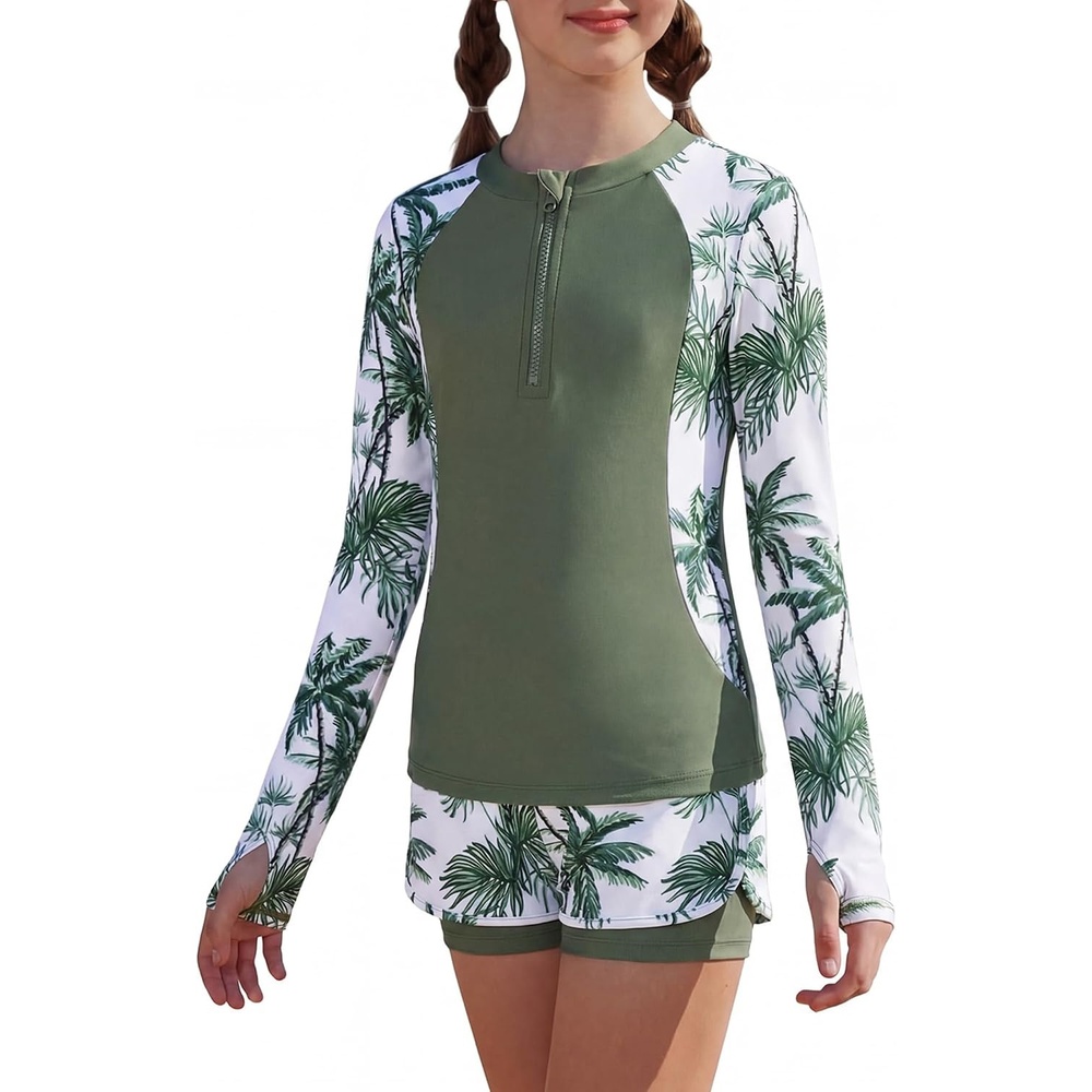 image:imageGRACE KARIN Girls Rash Guard Swimsuit UPF 50 Two Piece Swimwear Size 612Y Long Sleeve Summer Bathing SuitGreen Coconut Tree