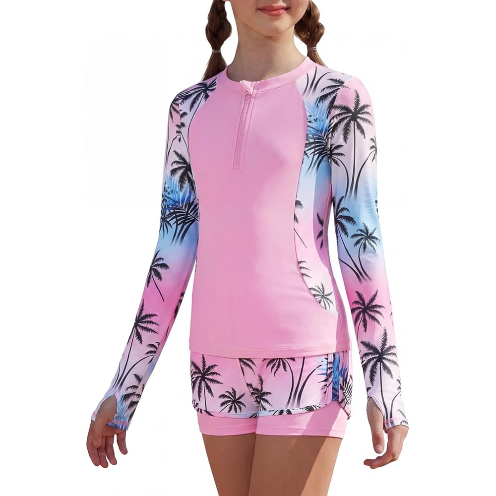 image:imageGRACE KARIN Girls Rash Guard Swimsuit UPF 50 Two Piece Swimwear Size 612Y Long Sleeve Summer Bathing SuitPink Coconut Tree