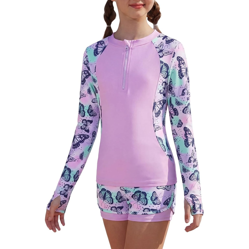 image:imageGRACE KARIN Girls Rash Guard Swimsuit UPF 50 Two Piece Swimwear Size 612Y Long Sleeve Summer Bathing SuitPurple Butterfly