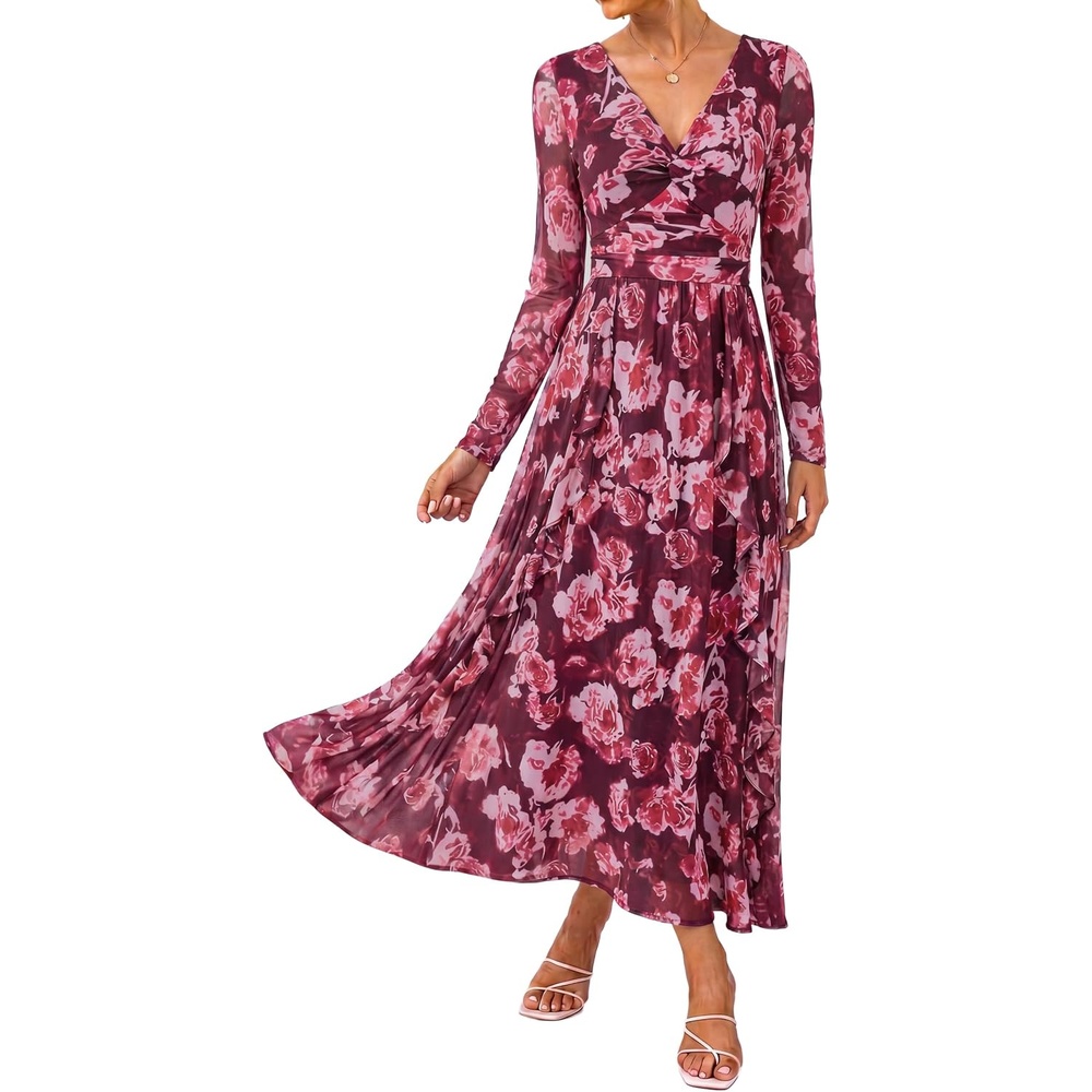 image:imageGRACE KARIN Womens Long Sleeve Floral Maxi Dress V Neck Formal Wedding Guest Dress Fall A Line Mesh DressWine Red