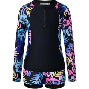 GRACE KARIN Girls Rash Guard Swimsuit UPF 50+ Two Piece Swimwear Size 6-12Y | Long Sleeve Summer Bathing Suit(Black Floral)