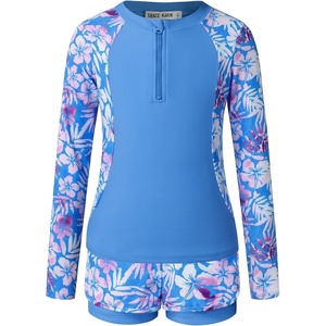 GRACE KARIN Girls Rash Guard Swimsuit UPF 50+ Two Piece Swimwear Size 6-12Y | Long Sleeve Summer Bathing Suit(Blue Floral)