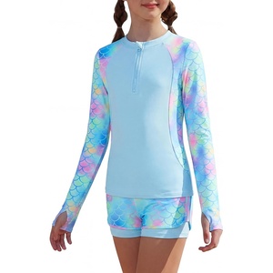 GRACE KARIN Girls Rash Guard Swimsuit UPF 50+ Two Piece Swimwear Size 6-12Y | Long Sleeve Summer Bathing Suit(Blue Mermaid)