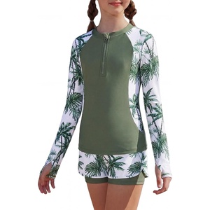 GRACE KARIN Girls Rash Guard Swimsuit UPF 50+ Two Piece Swimwear Size 6-12Y | Long Sleeve Summer Bathing Suit(Green Coconut Tree)