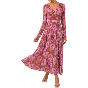 GRACE KARIN Women’s Long Sleeve Floral Maxi Dress V Neck Formal Wedding Guest Dress Fall A Line Mesh Dress(Brown Pink)