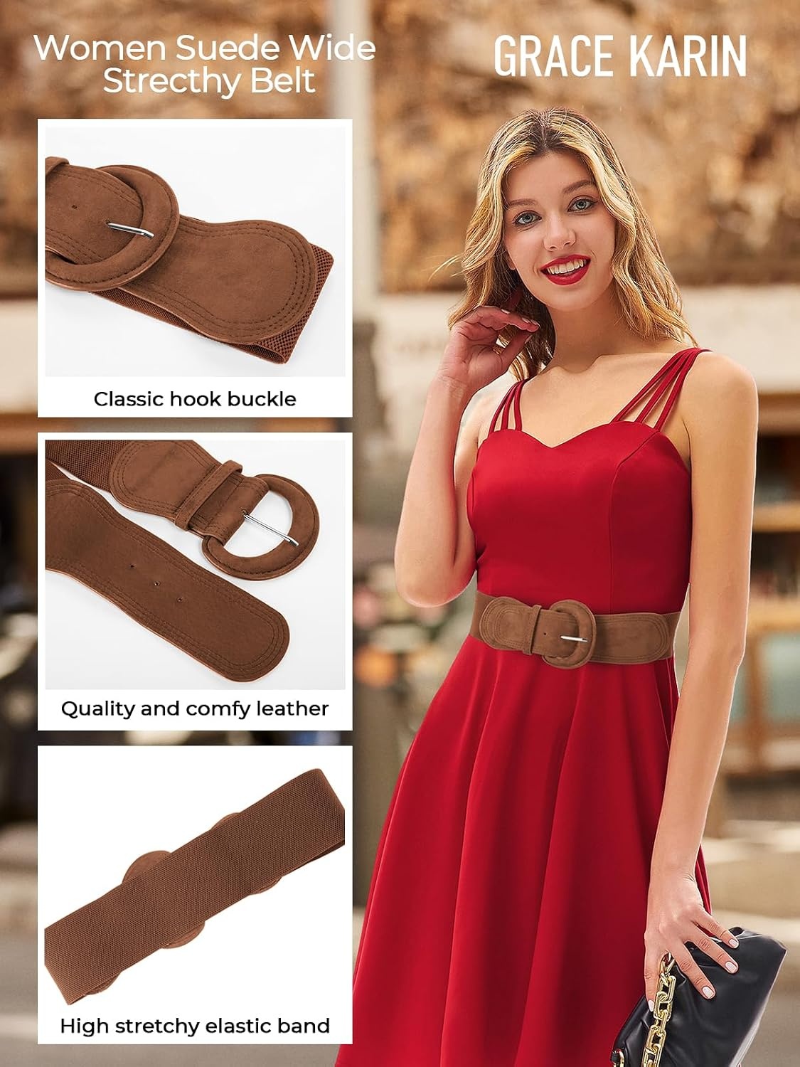 image:imageGRACE KARIN Belts for Women Suede Elastic Wide Belt Vintage Stretchy Chunky Buckle Belts SXXLNavybrown