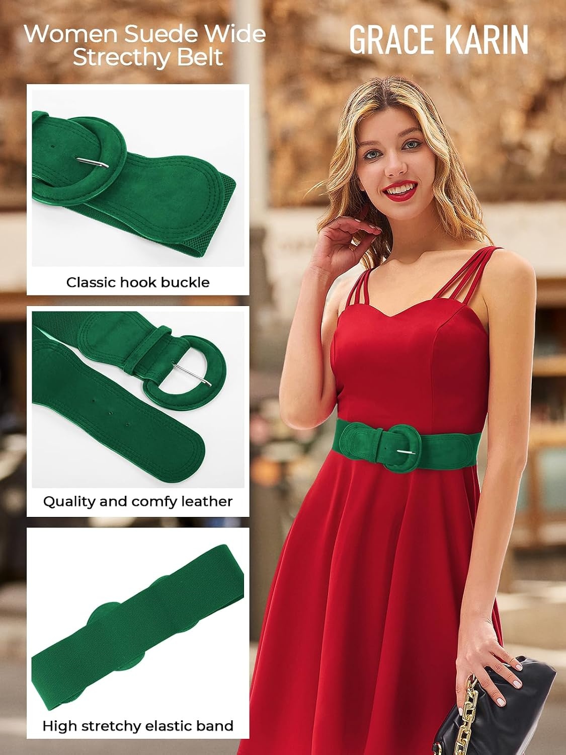 image:imageGRACE KARIN Belts for Women Suede Elastic Wide Belt Vintage Stretchy Chunky Buckle Belts SXXLSuedegreen