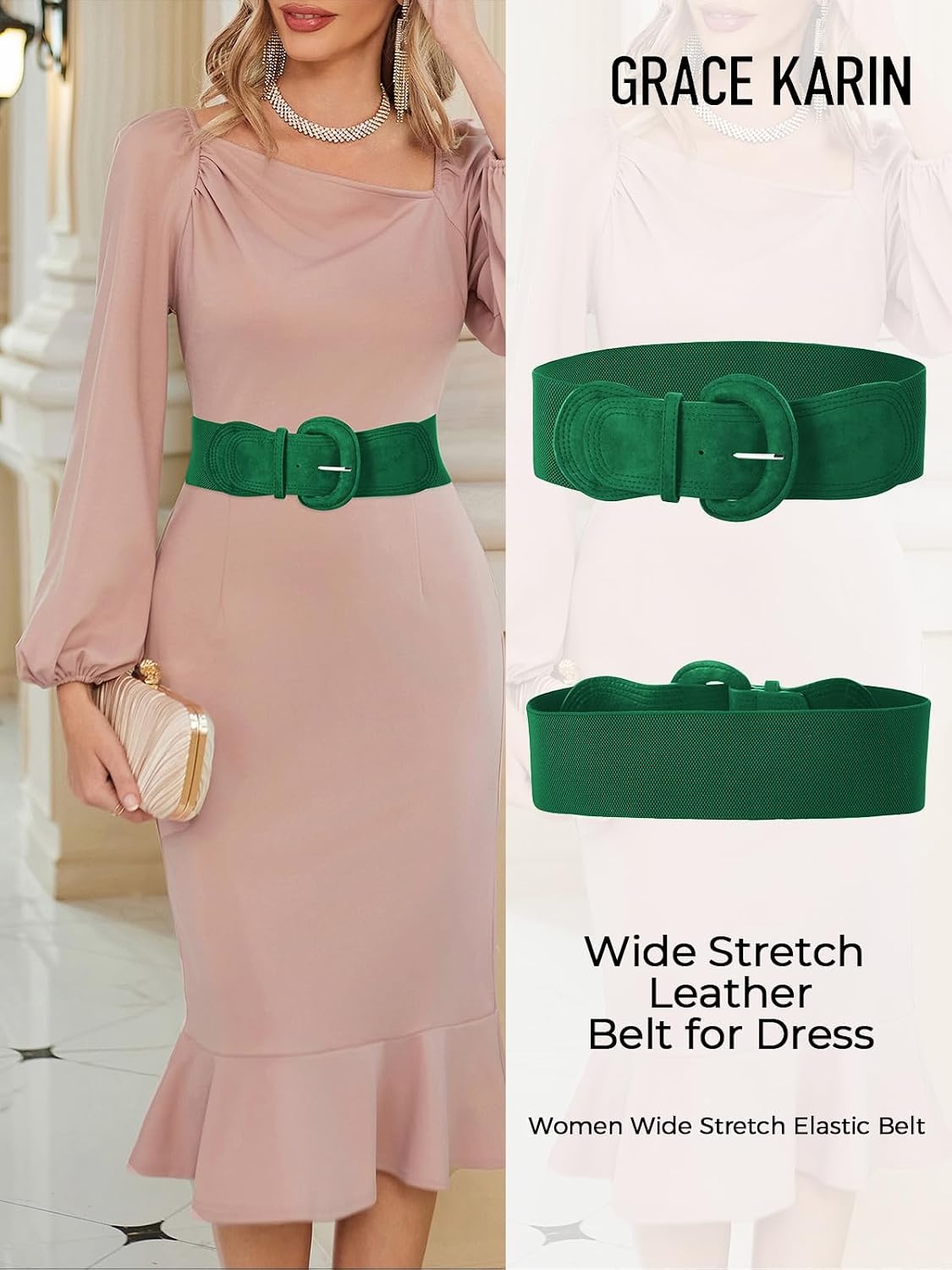 image:imageGRACE KARIN Belts for Women Suede Elastic Wide Belt Vintage Stretchy Chunky Buckle Belts SXXLSuedegreen