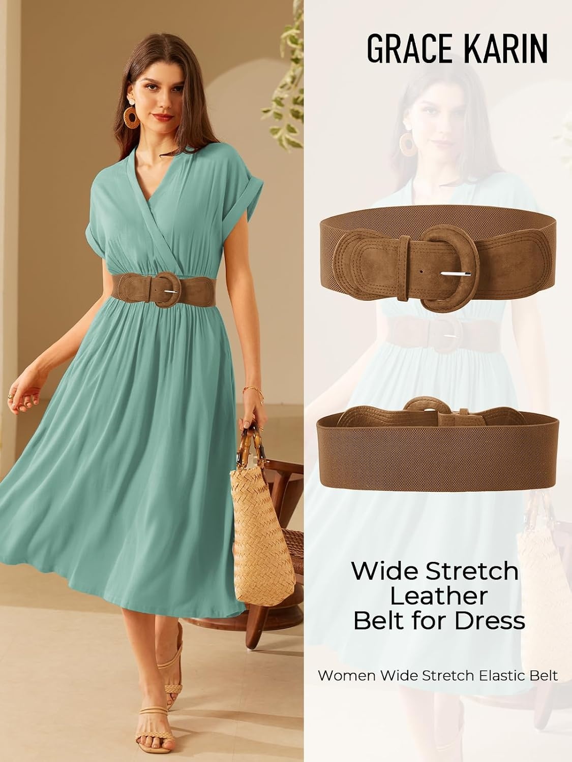 image:imageGRACE KARIN Belts for Women Suede Elastic Wide Belt Vintage Stretchy Chunky Buckle Belts SXXLSuedekhaki