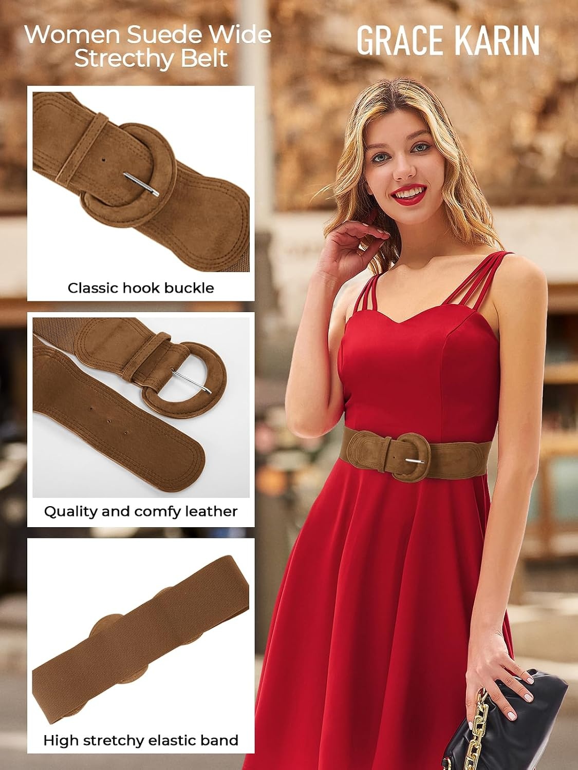 image:imageGRACE KARIN Belts for Women Suede Elastic Wide Belt Vintage Stretchy Chunky Buckle Belts SXXLSuedekhaki
