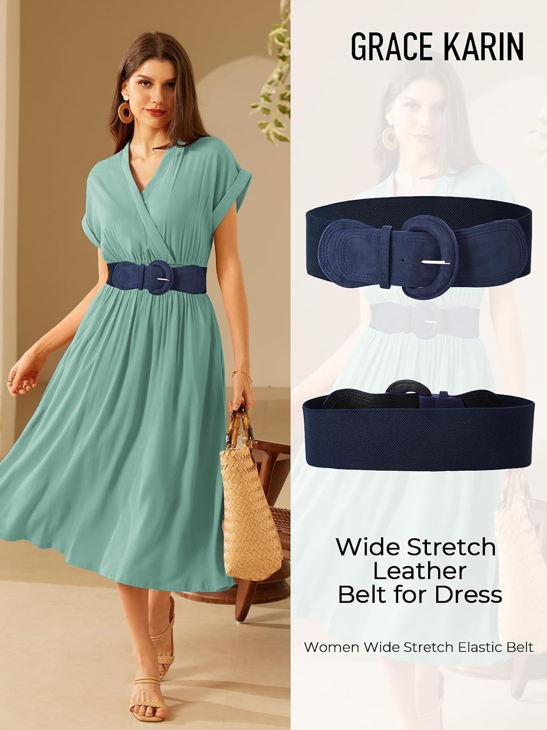 image:imageGRACE KARIN Belts for Women Suede Elastic Wide Belt Vintage Stretchy Chunky Buckle Belts SXXLSuedenavy Blue