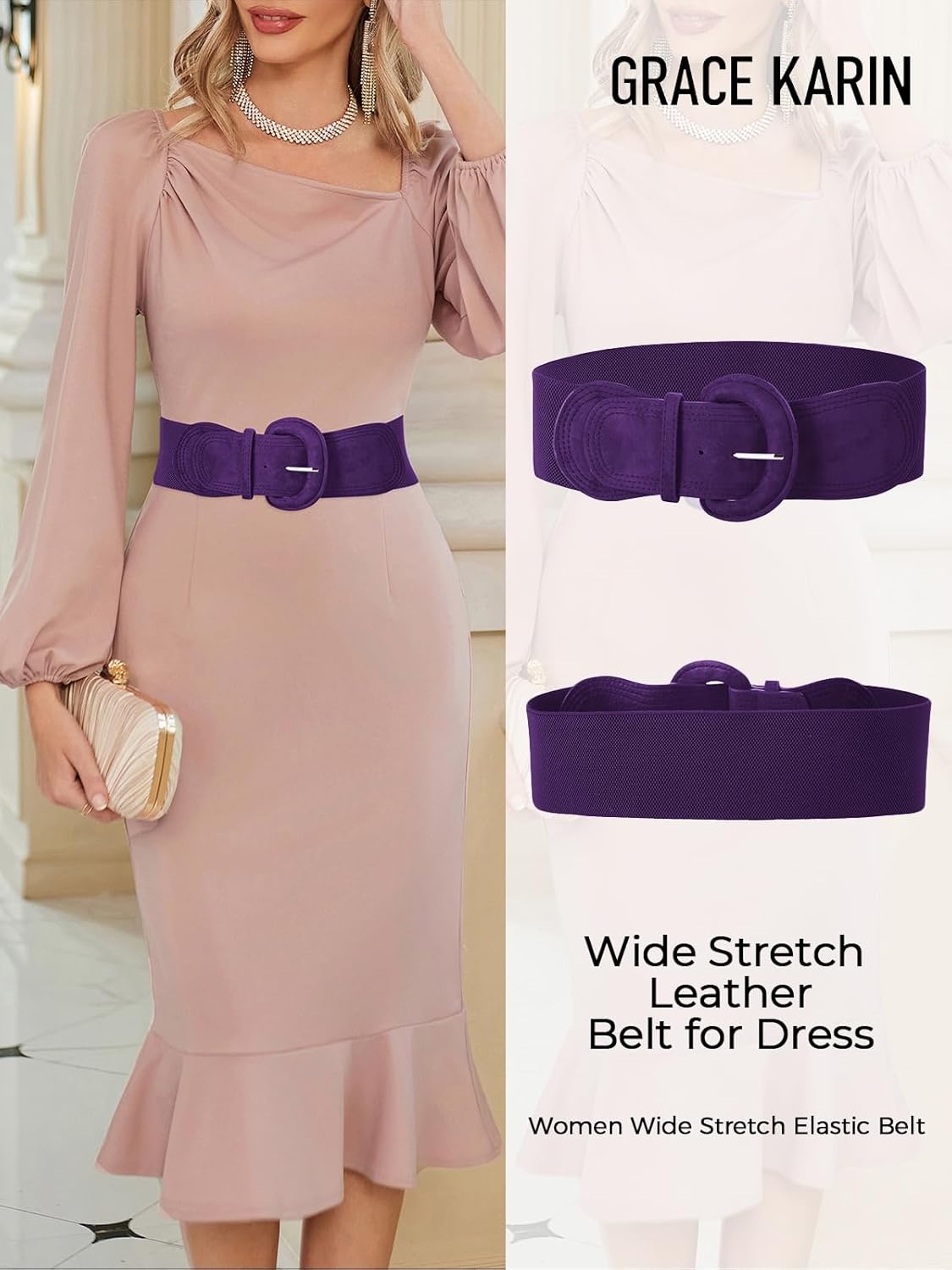 image:imageGRACE KARIN Belts for Women Suede Elastic Wide Belt Vintage Stretchy Chunky Buckle Belts SXXLSuedepurple