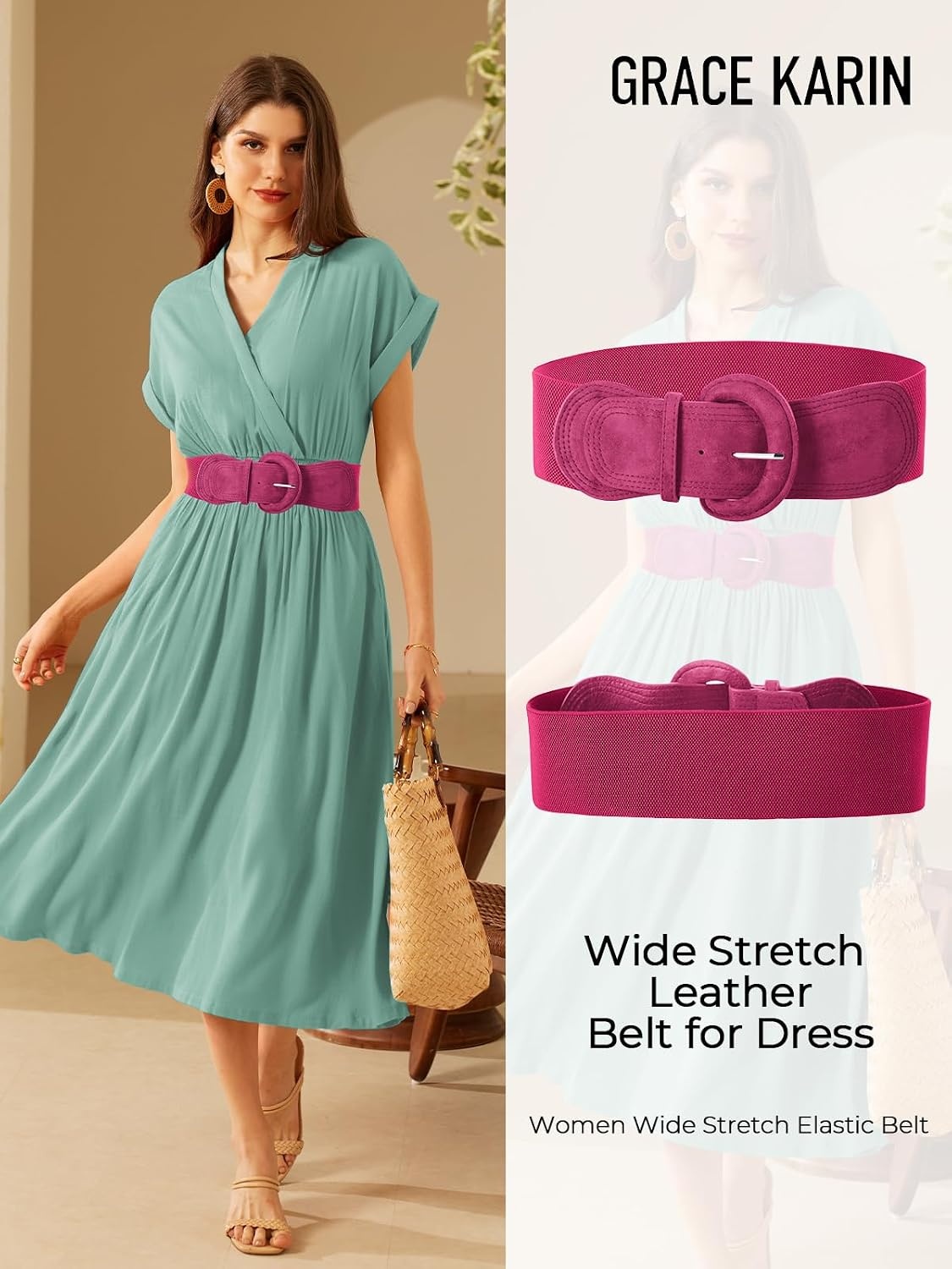 image:imageGRACE KARIN Belts for Women Suede Elastic Wide Belt Vintage Stretchy Chunky Buckle Belts SXXLSuederose