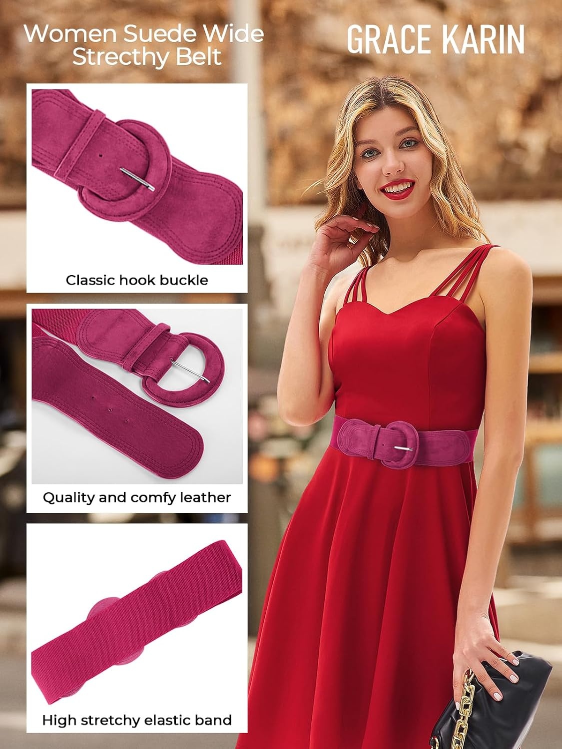 image:imageGRACE KARIN Belts for Women Suede Elastic Wide Belt Vintage Stretchy Chunky Buckle Belts SXXLSuederose