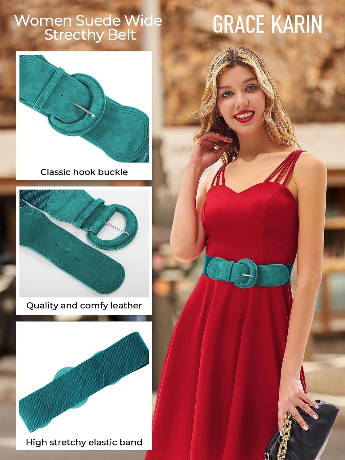 image:imageGRACE KARIN Belts for Women Suede Elastic Wide Belt Vintage Stretchy Chunky Buckle Belts SXXLSuedeteal