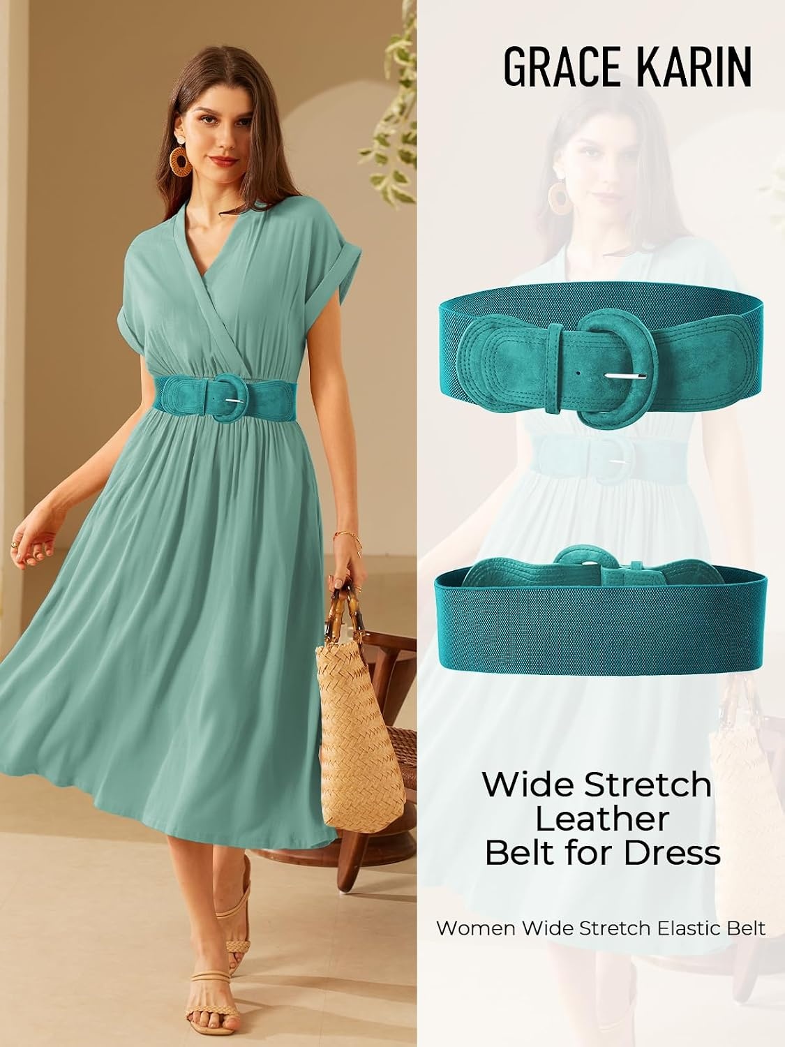 image:imageGRACE KARIN Belts for Women Suede Elastic Wide Belt Vintage Stretchy Chunky Buckle Belts SXXLSuedeteal