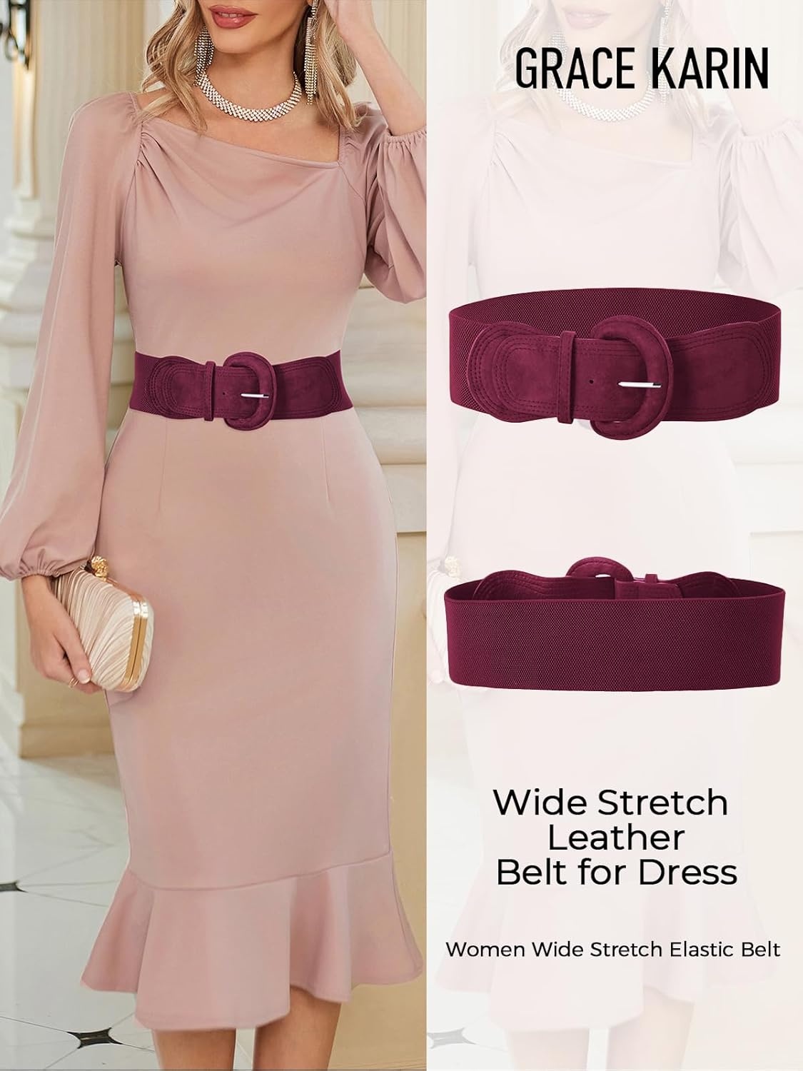 image:imageGRACE KARIN Belts for Women Suede Elastic Wide Belt Vintage Stretchy Chunky Buckle Belts SXXLSuedewine Red