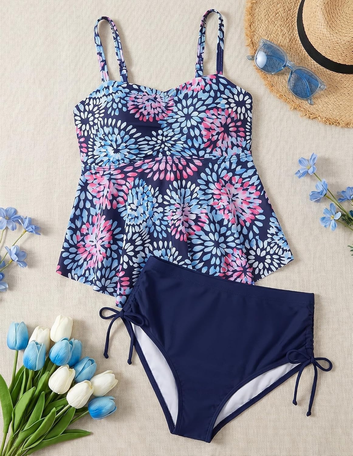 image:imageGRACE KARIN Girls Tankini Swimsuit Swimwear Teen Cute Ruffle Bathing Suit Kids 2 Piece Shirred Bikini Set with Padded 816Blue Fireworks