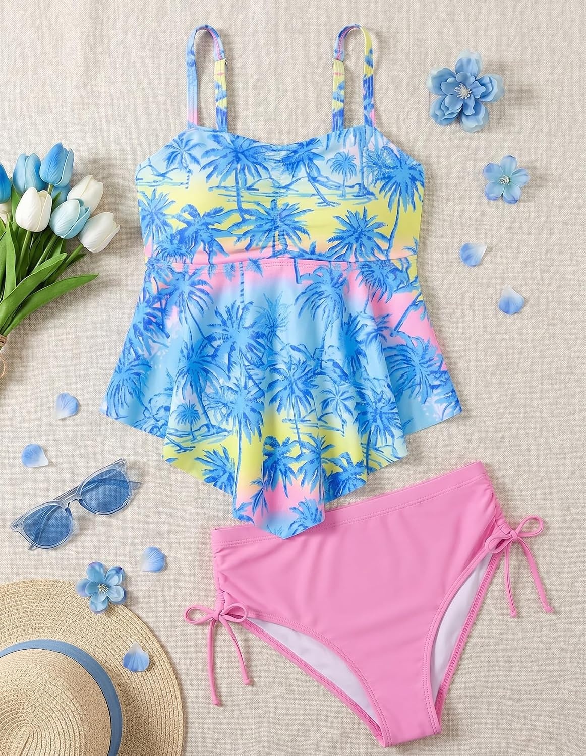 image:imageGRACE KARIN Girls Tankini Swimsuit Swimwear Teen Cute Ruffle Bathing Suit Kids 2 Piece Shirred Bikini Set with Padded 816Blue Pink Coconut Tree