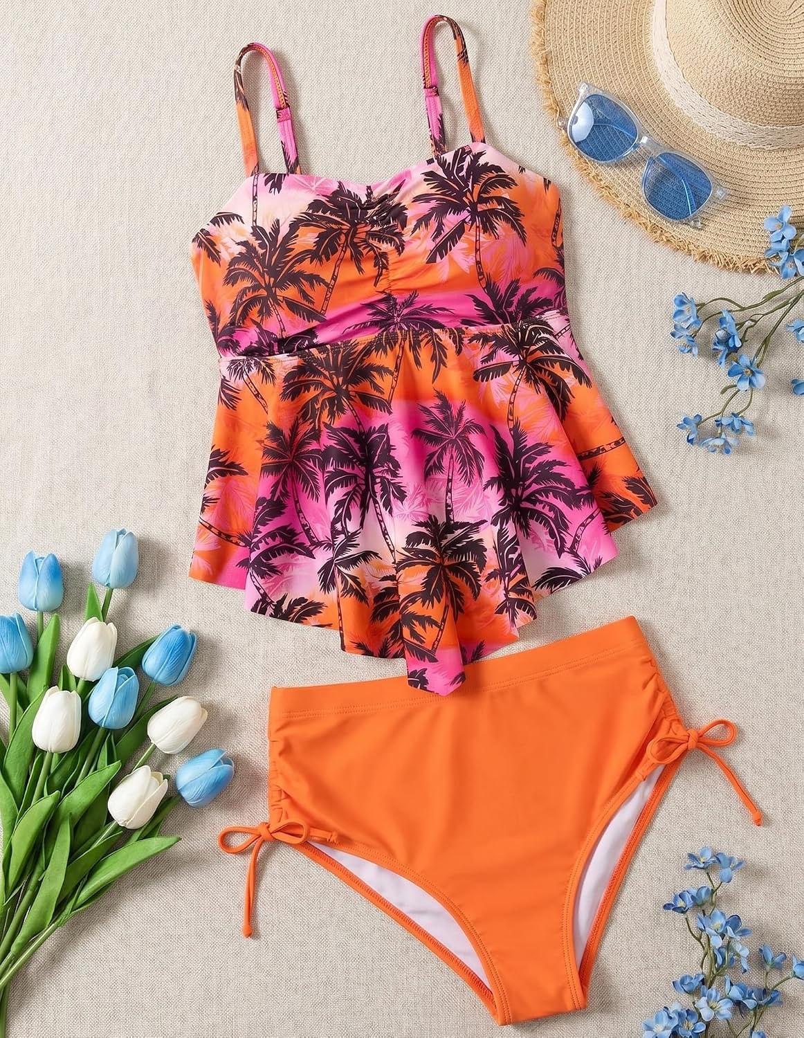 image:imageGRACE KARIN Girls Tankini Swimsuit Swimwear Teen Cute Ruffle Bathing Suit Kids 2 Piece Shirred Bikini Set with Padded 816Orange Pink Coconut Tree