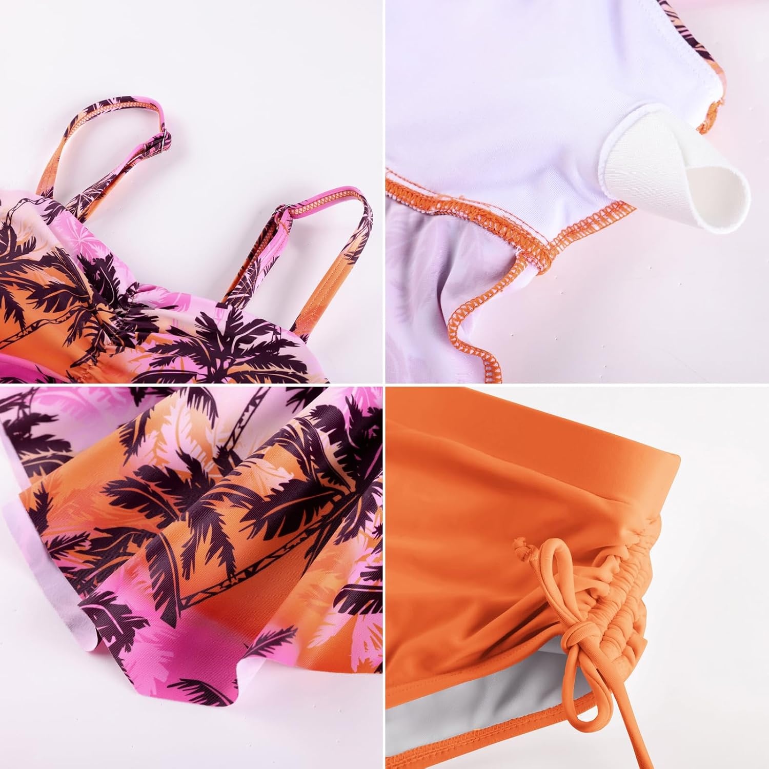 image:imageGRACE KARIN Girls Tankini Swimsuit Swimwear Teen Cute Ruffle Bathing Suit Kids 2 Piece Shirred Bikini Set with Padded 816Orange Pink Coconut Tree