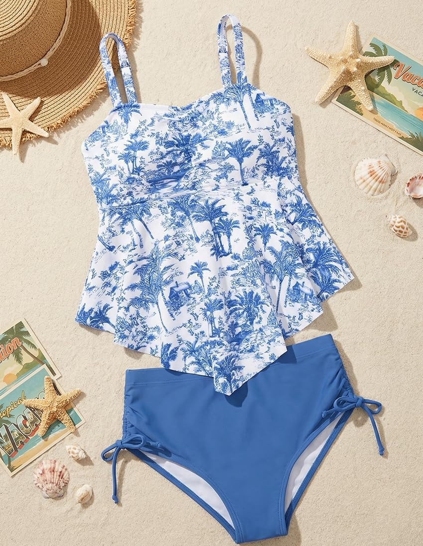 image:imageGRACE KARIN Girls Tankini Swimsuit Swimwear Teen Cute Ruffle Bathing Suit Kids 2 Piece Shirred Bikini Set with Padded 816Unique Blue