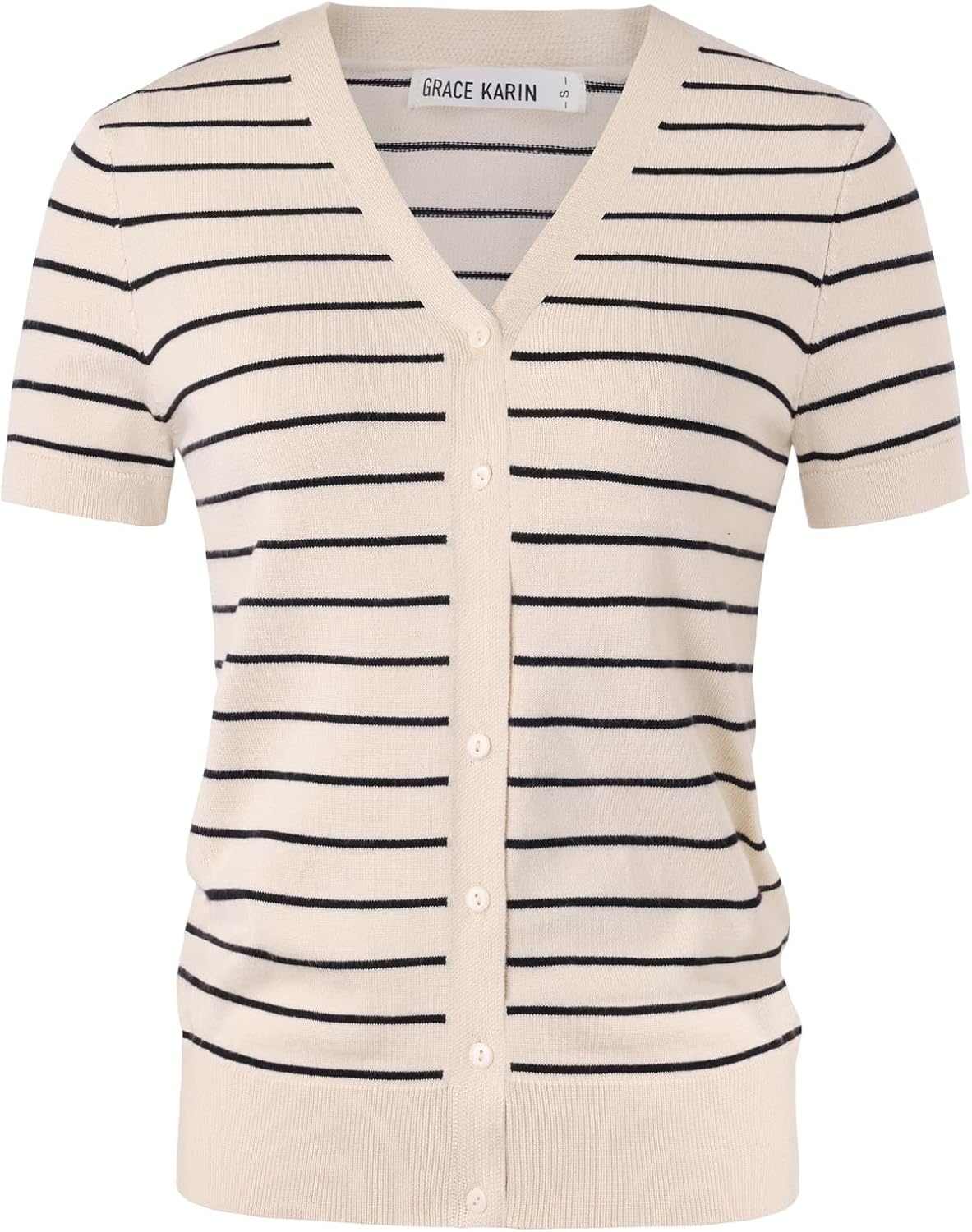 image:imageGRACE KARIN Womens Short Sleeve Cardigan Sweaters 2026 Summer Lightweight Cropped Cardigan V Neck Casual Clothing TopsBeige Black Stripe