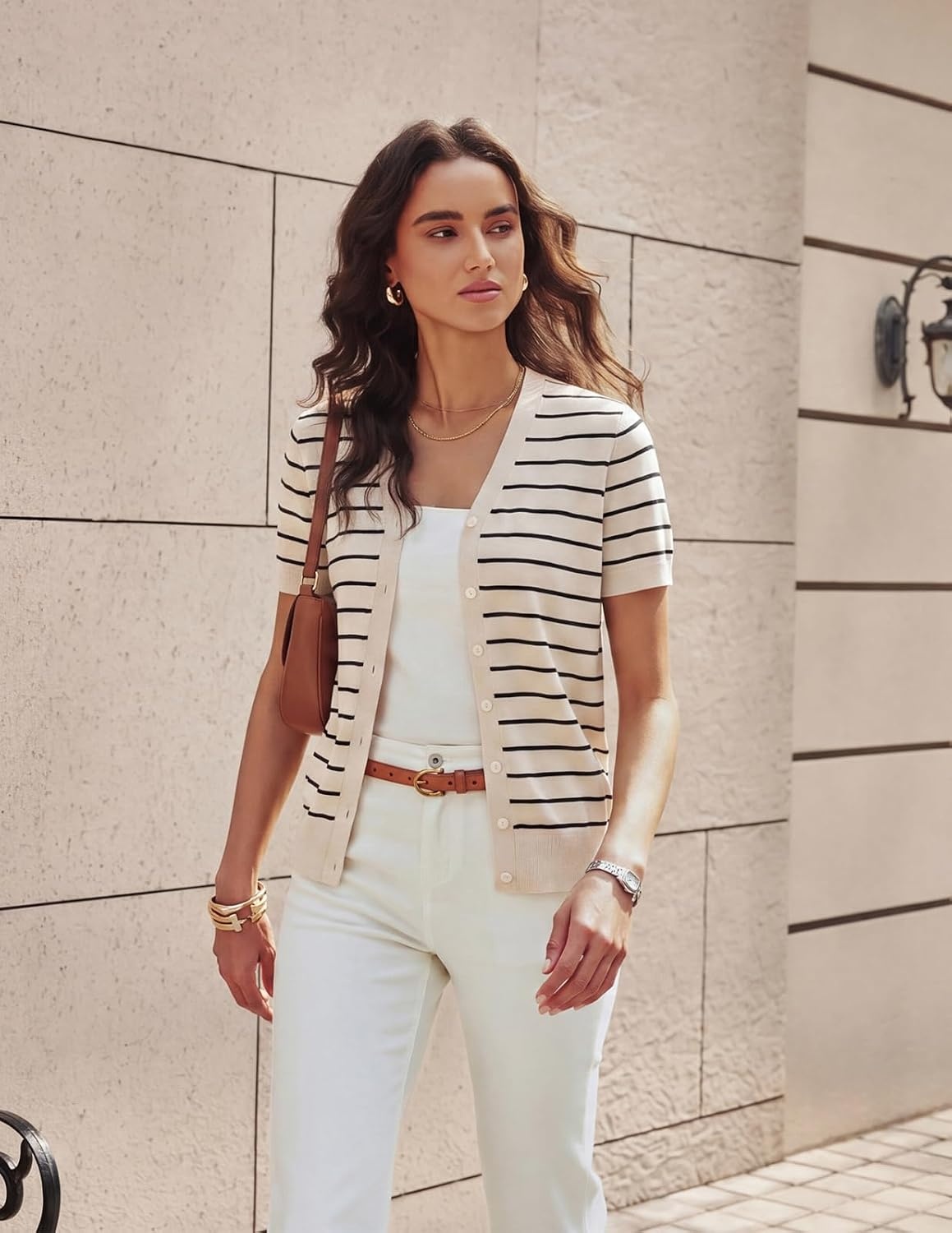 image:imageGRACE KARIN Womens Short Sleeve Cardigan Sweaters 2026 Summer Lightweight Cropped Cardigan V Neck Casual Clothing TopsBeige Black Stripe