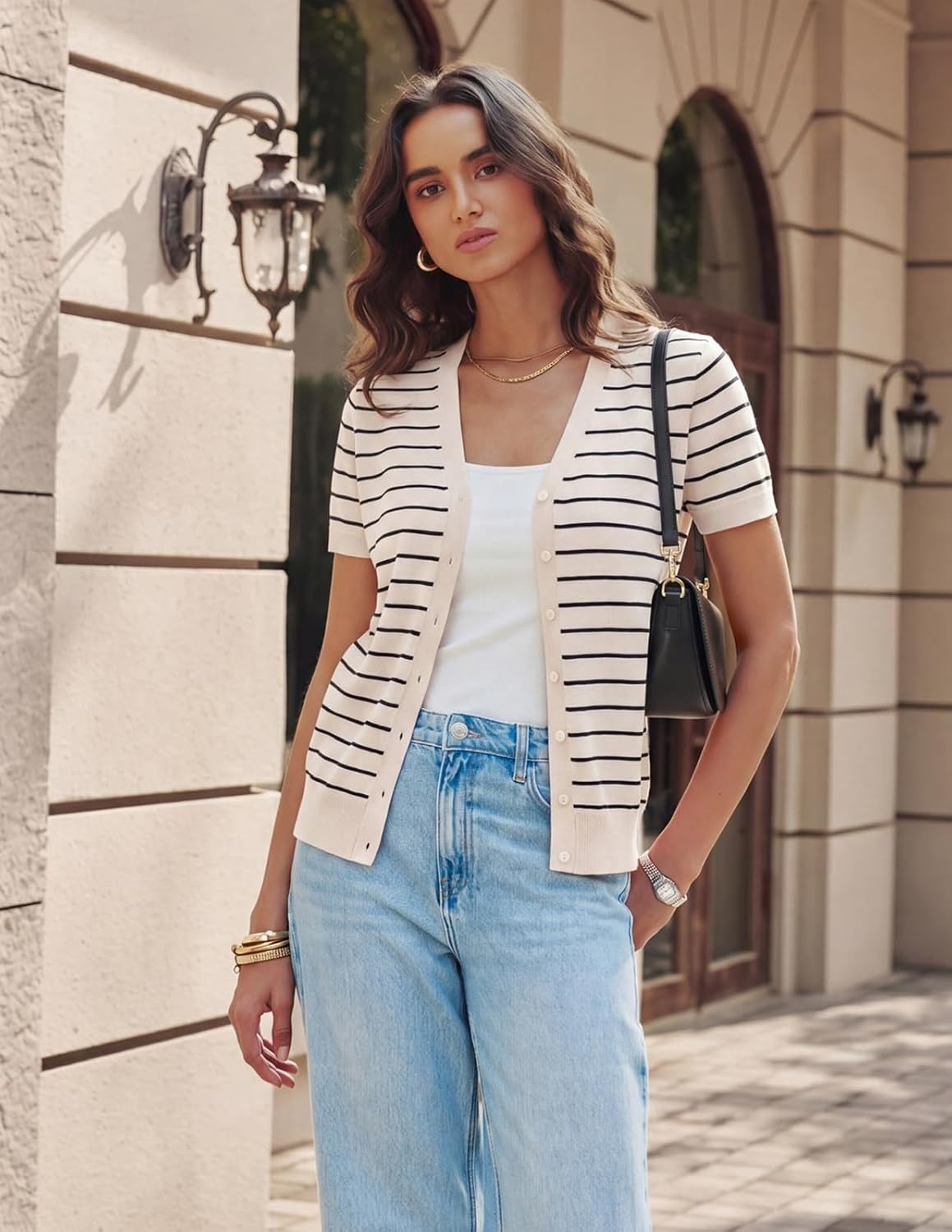 image:imageGRACE KARIN Womens Short Sleeve Cardigan Sweaters 2026 Summer Lightweight Cropped Cardigan V Neck Casual Clothing TopsBeige Black Stripe