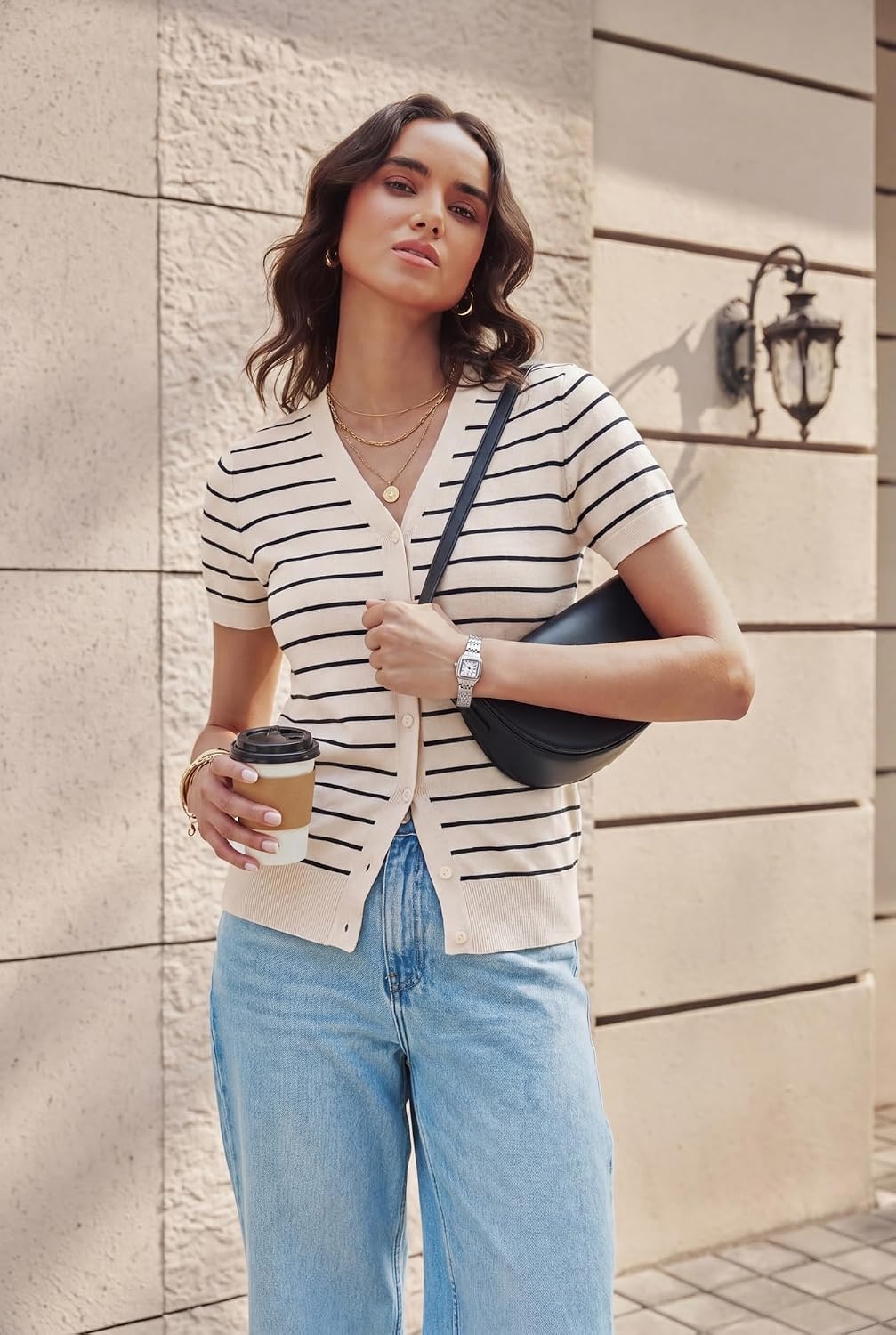 image:imageGRACE KARIN Womens Short Sleeve Cardigan Sweaters 2026 Summer Lightweight Cropped Cardigan V Neck Casual Clothing TopsBeige Black Stripe