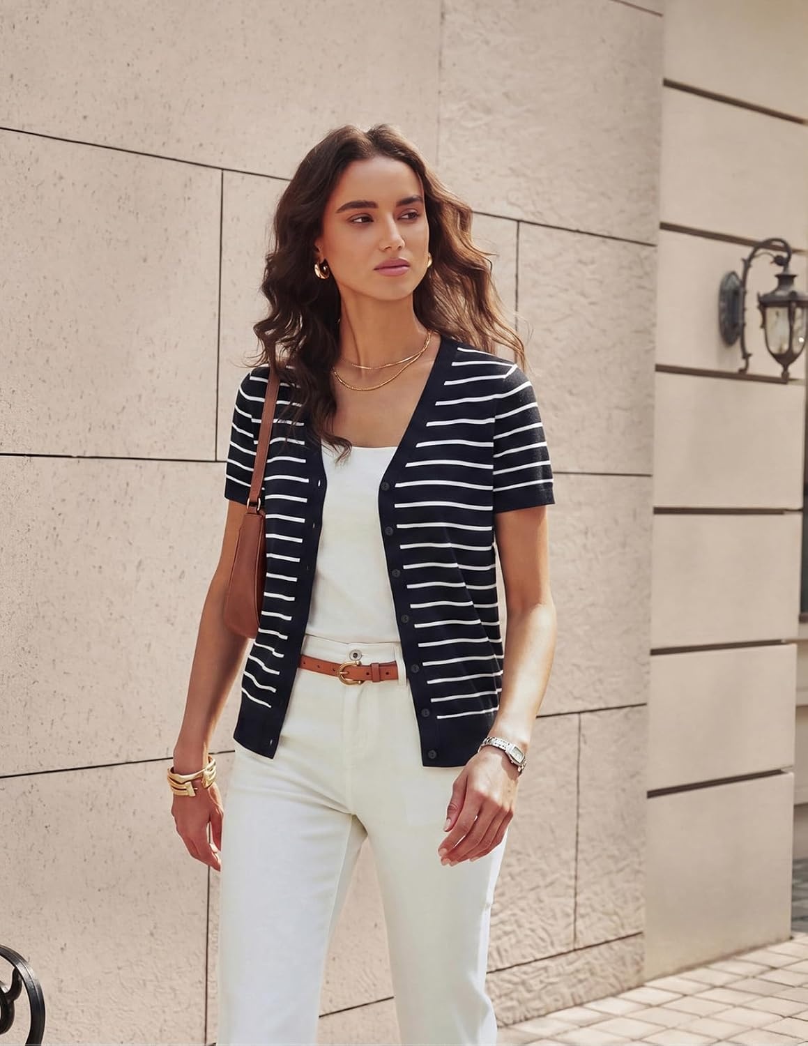 image:imageGRACE KARIN Womens Short Sleeve Cardigan Sweaters 2026 Summer Lightweight Cropped Cardigan V Neck Casual Clothing TopsBlack White Stripe