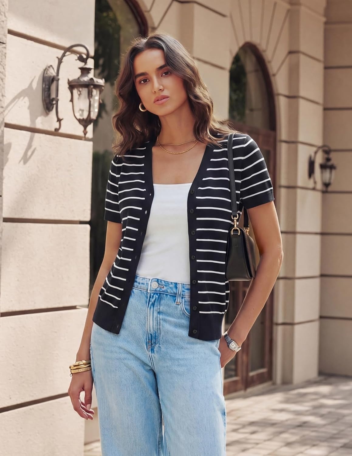 image:imageGRACE KARIN Womens Short Sleeve Cardigan Sweaters 2026 Summer Lightweight Cropped Cardigan V Neck Casual Clothing TopsBlack White Stripe