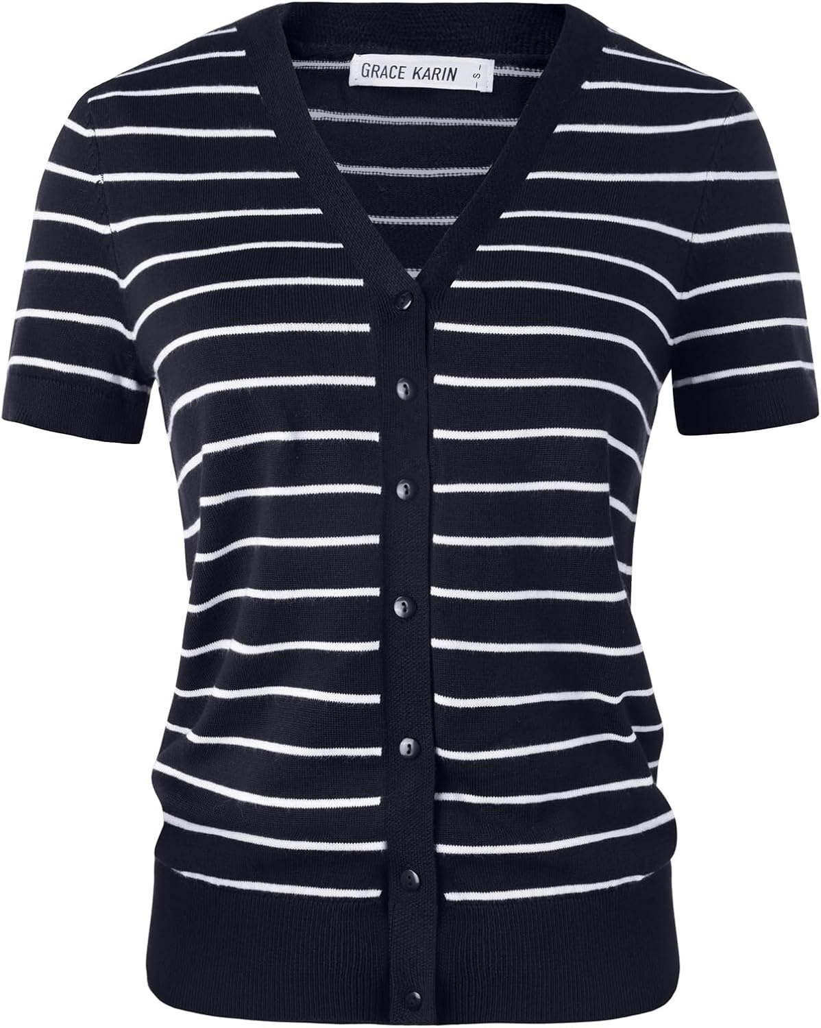 image:imageGRACE KARIN Womens Short Sleeve Cardigan Sweaters 2026 Summer Lightweight Cropped Cardigan V Neck Casual Clothing TopsBlack White Stripe