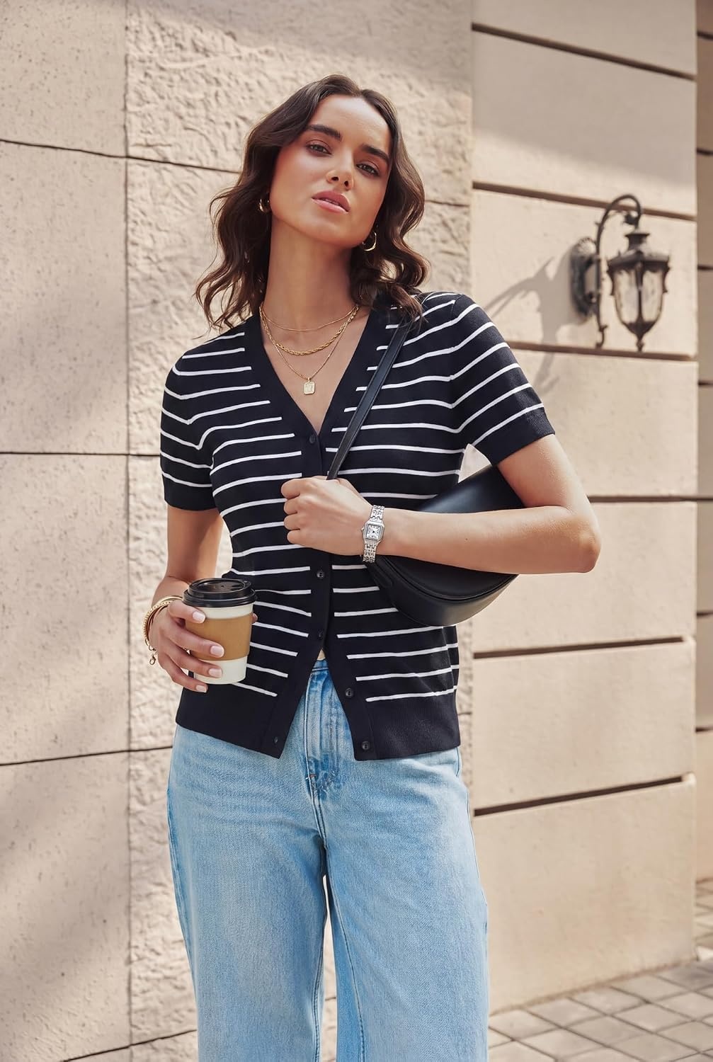 image:imageGRACE KARIN Womens Short Sleeve Cardigan Sweaters 2026 Summer Lightweight Cropped Cardigan V Neck Casual Clothing TopsBlack White Stripe
