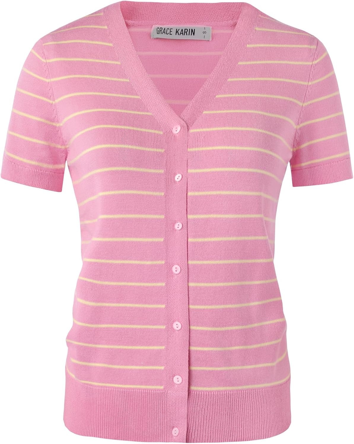 image:imageGRACE KARIN Womens Short Sleeve Cardigan Sweaters 2026 Summer Lightweight Cropped Cardigan V Neck Casual Clothing TopsPink Yellow Stripe