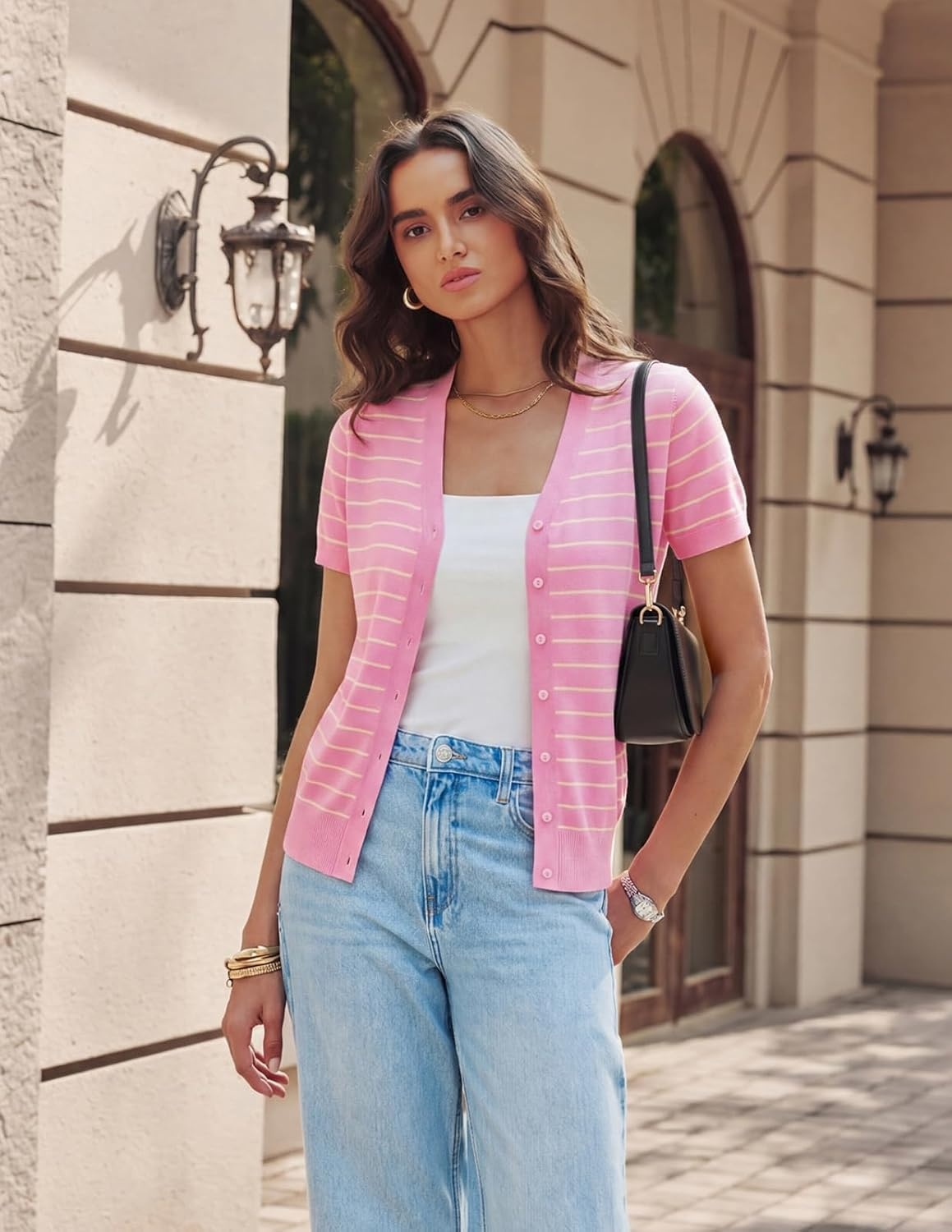 image:imageGRACE KARIN Womens Short Sleeve Cardigan Sweaters 2026 Summer Lightweight Cropped Cardigan V Neck Casual Clothing TopsPink Yellow Stripe
