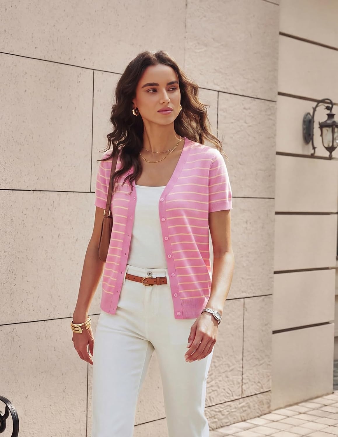 image:imageGRACE KARIN Womens Short Sleeve Cardigan Sweaters 2026 Summer Lightweight Cropped Cardigan V Neck Casual Clothing TopsPink Yellow Stripe
