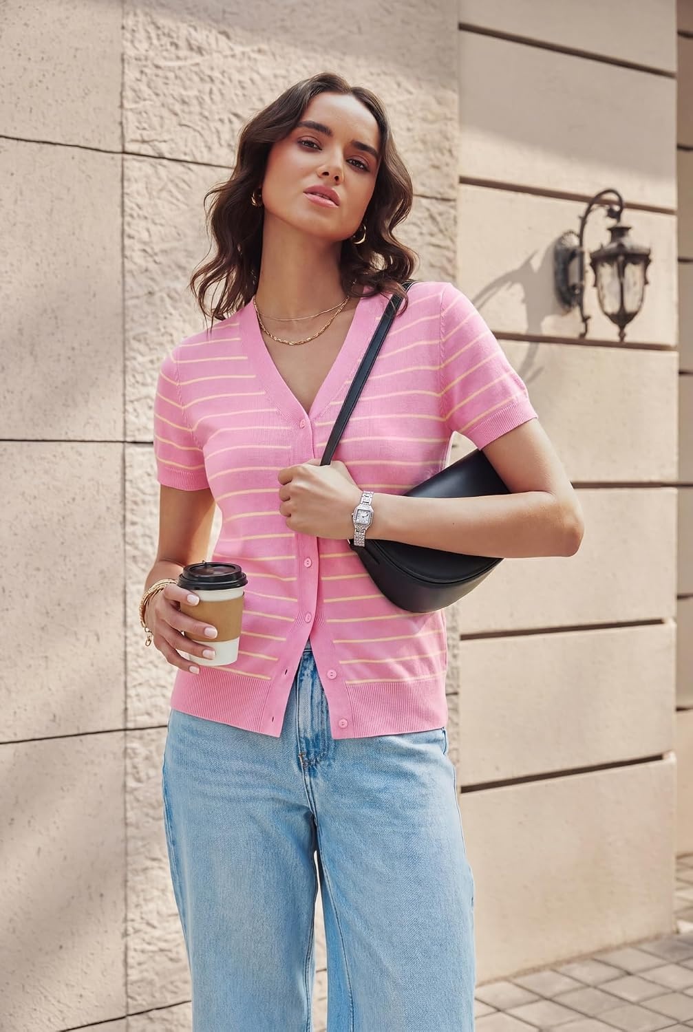 image:imageGRACE KARIN Womens Short Sleeve Cardigan Sweaters 2026 Summer Lightweight Cropped Cardigan V Neck Casual Clothing TopsPink Yellow Stripe