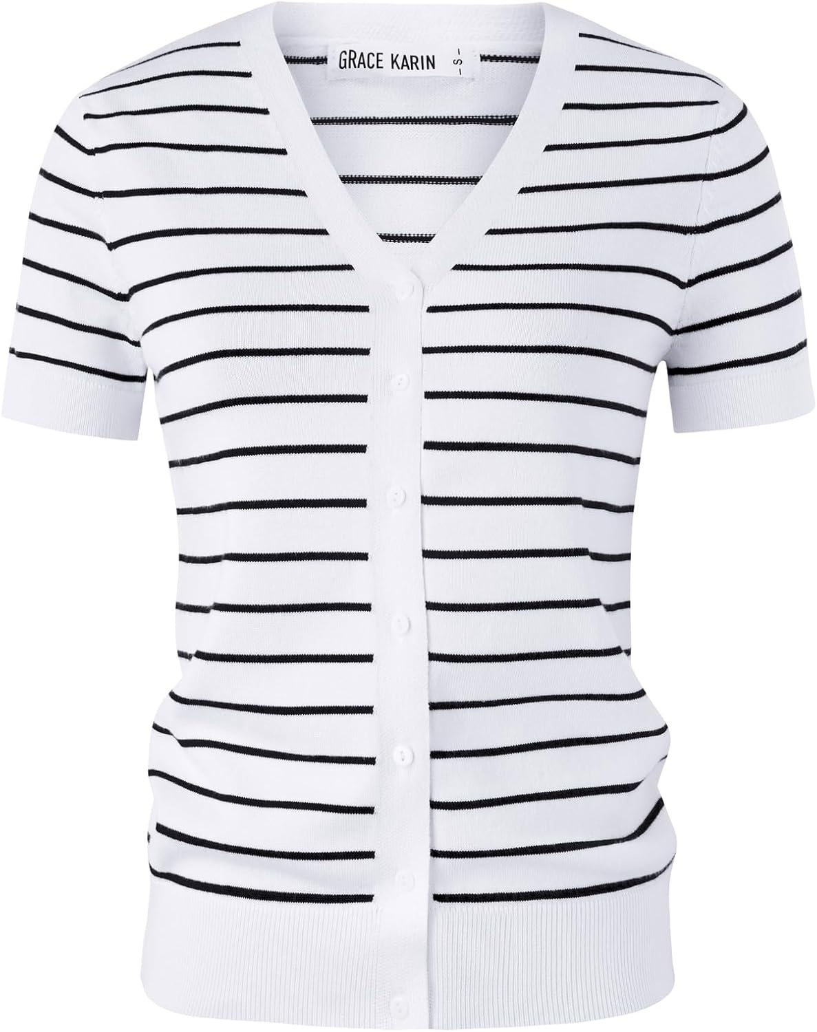 image:imageGRACE KARIN Womens Short Sleeve Cardigan Sweaters 2026 Summer Lightweight Cropped Cardigan V Neck Casual Clothing TopsWhite Black Stripe