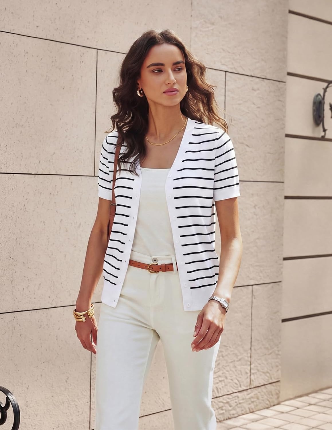 image:imageGRACE KARIN Womens Short Sleeve Cardigan Sweaters 2026 Summer Lightweight Cropped Cardigan V Neck Casual Clothing TopsWhite Black Stripe