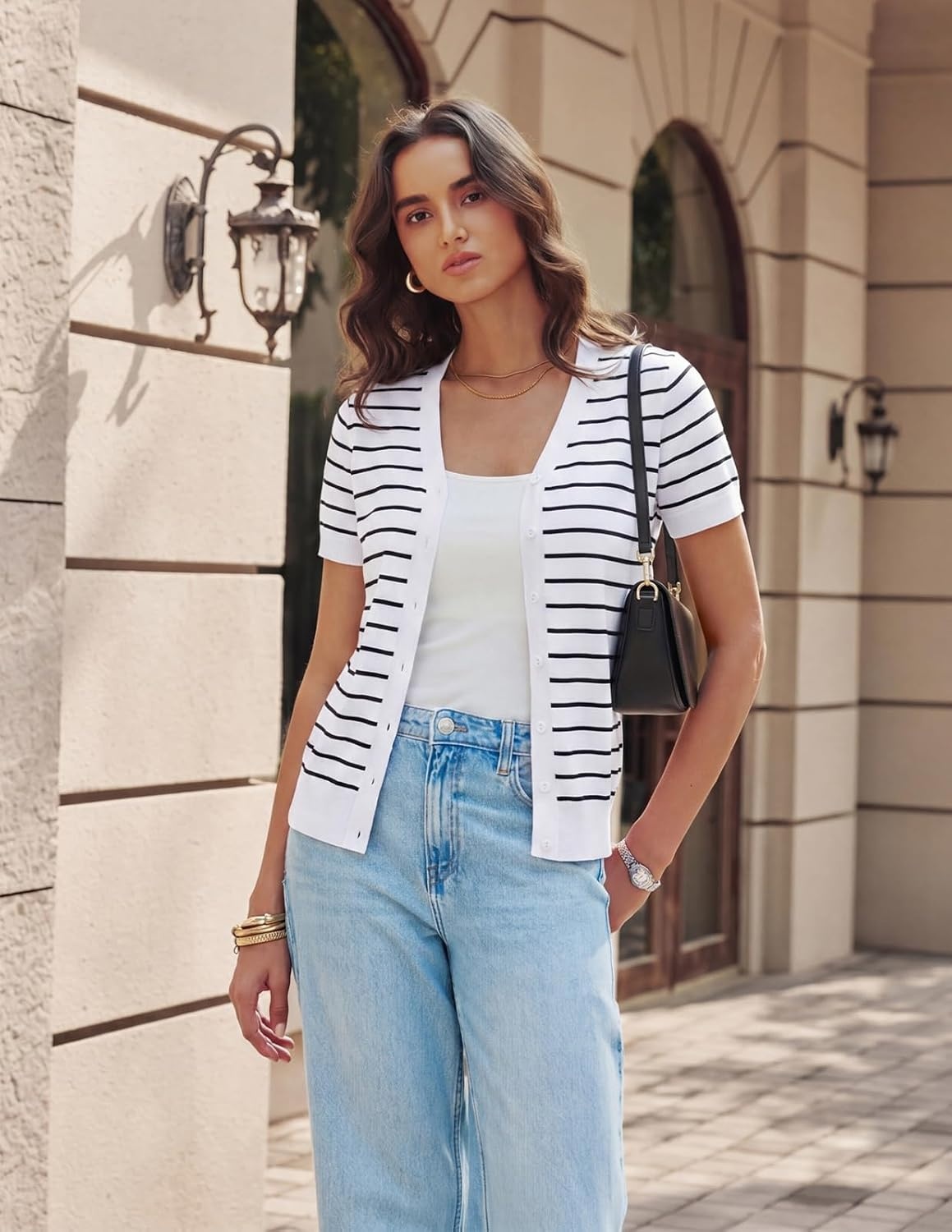 image:imageGRACE KARIN Womens Short Sleeve Cardigan Sweaters 2026 Summer Lightweight Cropped Cardigan V Neck Casual Clothing TopsWhite Black Stripe